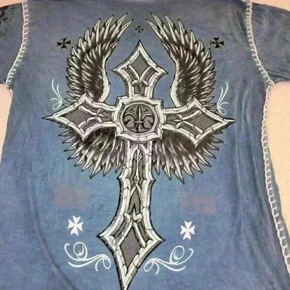 Raw State XL T-shirt Men's Blue Grunge Y2k Punk Cross Wings Vengeance Rock Metal - Picture 5 of 14